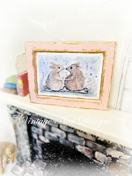 Mice No.9:1 Dollhouse Miniature Handmade Wooden Framed Art image 3
