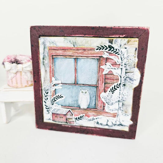 Barn Owl No.1:1 Dollhouse Miniature Handmade Wooden Framed Art image 0