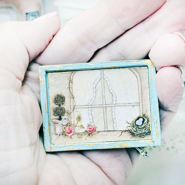 Bird Nest Topiary No.1:2 Dollhouse Miniature Handmade Wooden Framed Art image 3