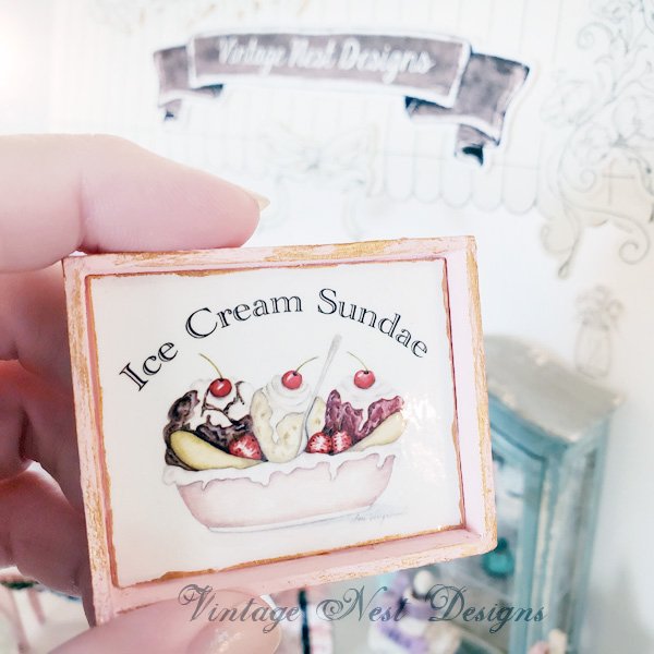 Banana Split Sundae No.3:1 Dollhouse Miniature Handmade Wooden Framed Art image 3