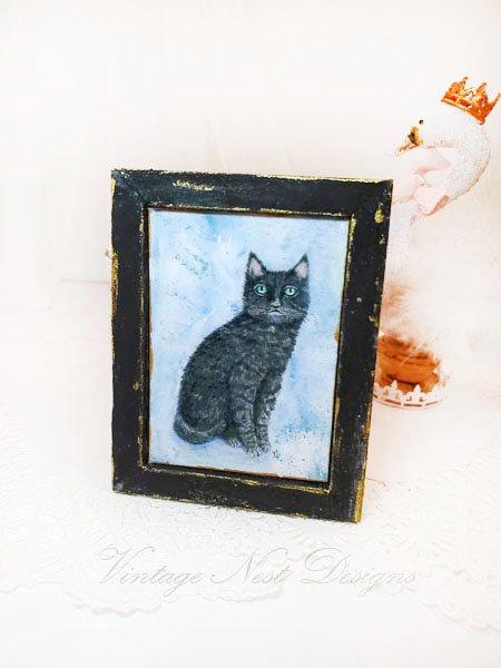 Black Cat No.1:1 Dollhouse Miniature Handmade Wooden Framed Art image 1