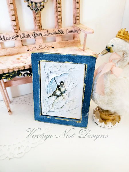 Winter Snow Birds No.1:2 Dollhouse Miniature Handmade Wooden Framed Art image 3