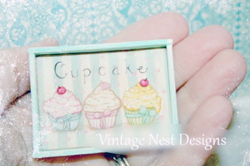 Three Cupcakes No.4:4 Dollhouse Miniature Handmade Wooden Framed Art image 1