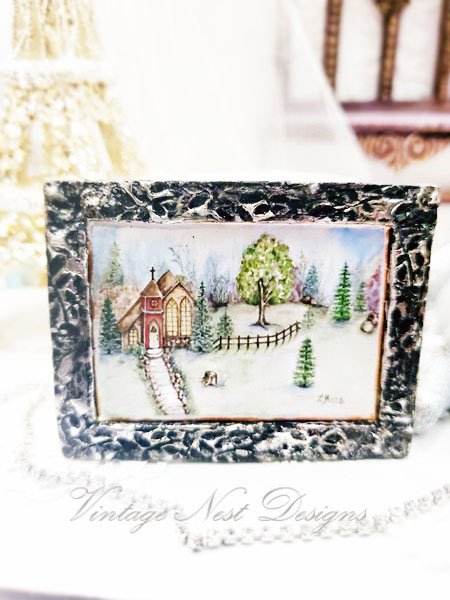 Church in the Woods No.2:3 Dollhouse Miniature Handmade Wooden Framed Art image 0