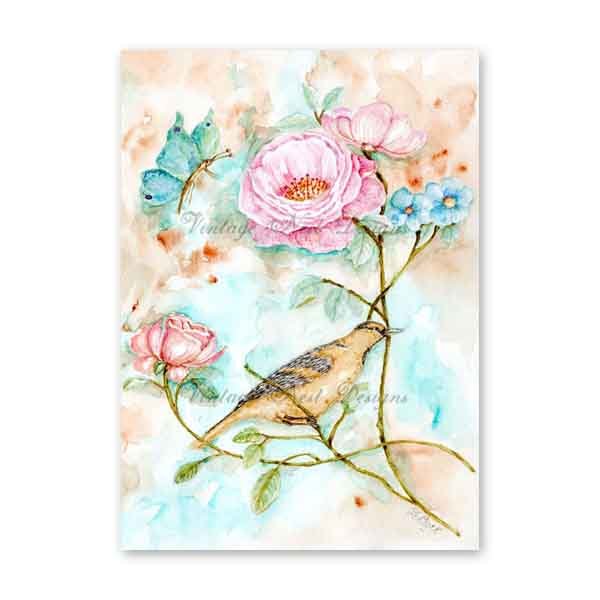 Bird Nest Roses No.5:1 Digital Prints Watercolor Painting image 1