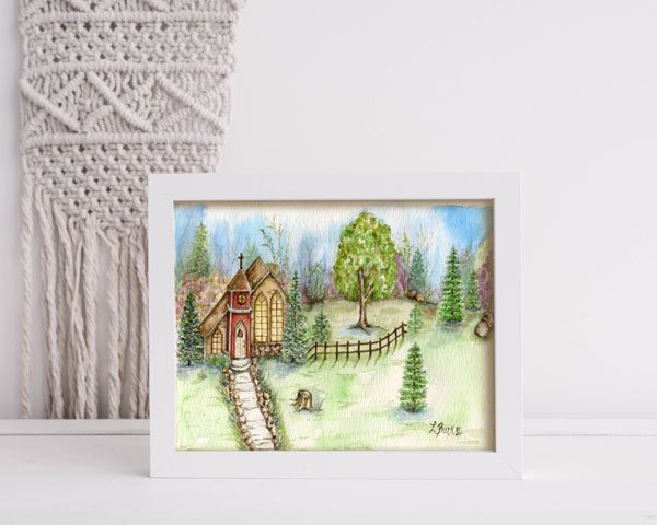Church in the Woods No.2 Digital Prints Watercolor Painting image 2