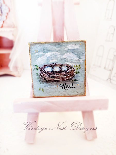 Bird Nest No.2:2 Dollhouse Miniature Original Painting Handmade Wooden Framed Art image 6