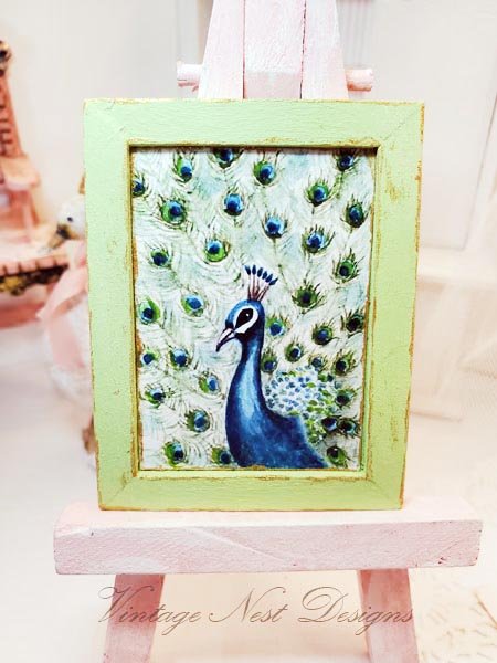Peacock No.2:1 Dollhouse Miniature Handmade Wooden Framed Art image 2