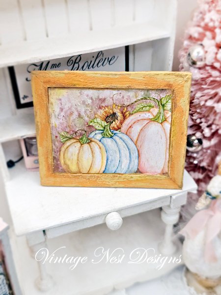 Fall Pumpkins No.2:1 Dollhouse Miniature Handmade Wooden Framed Art image 1