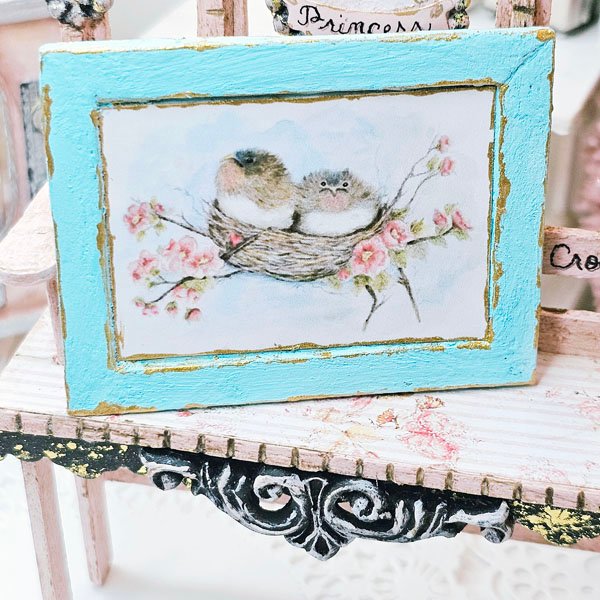 Bird Nest Roses No.5:2 Dollhouse Miniature Handmade Wooden Framed Art image 0