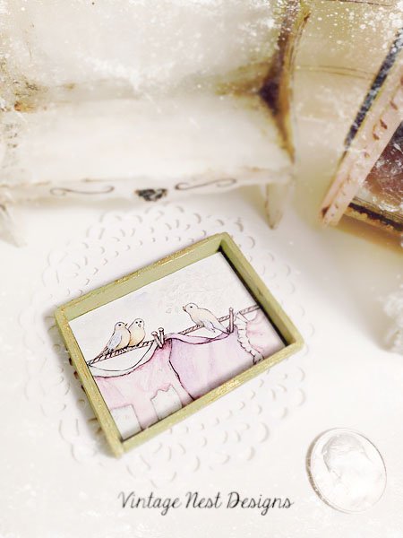 Laundry Birds No.1:1 Dollhouse Miniature Handmade Wooden Framed Art image 1