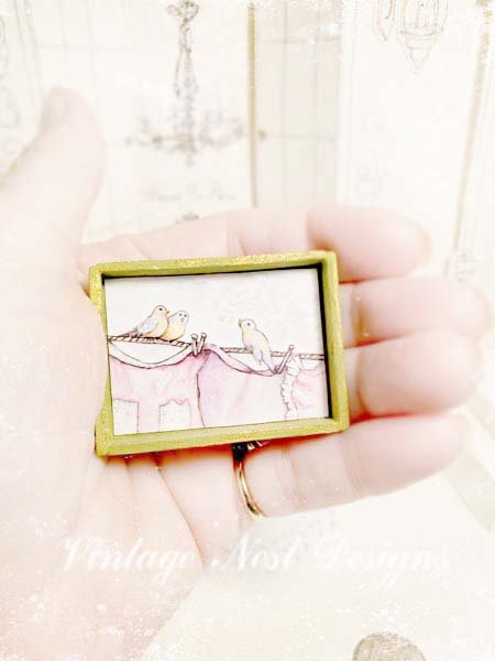 Laundry Birds No.1:1 Dollhouse Miniature Handmade Wooden Framed Art image 4