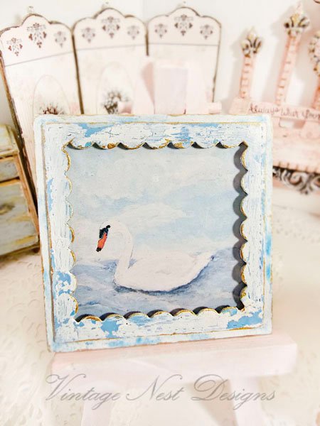 Swan No.1:3 Dollhouse Miniature Handmade Wooden Framed Art image 4