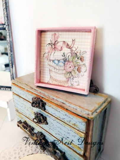 Basket of Flowers No.1:1 Dollhouse Miniature Handmade Wooden Framed Art image 1