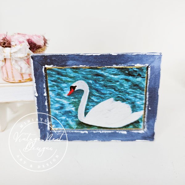 Swan No.3:1 Dollhouse Miniature Handmade Wooden Framed Art image 0