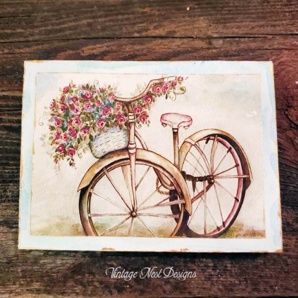 Roses on a Bicycle No.1:2 Dollhouse Miniature Handmade Wooden Framed Art image 2