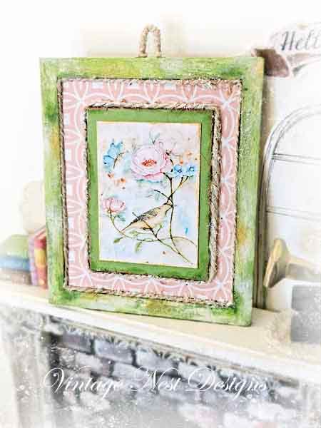 Bird Nest Roses No.5:1 Dollhouse Miniature Handmade Wooden Framed Art image 1