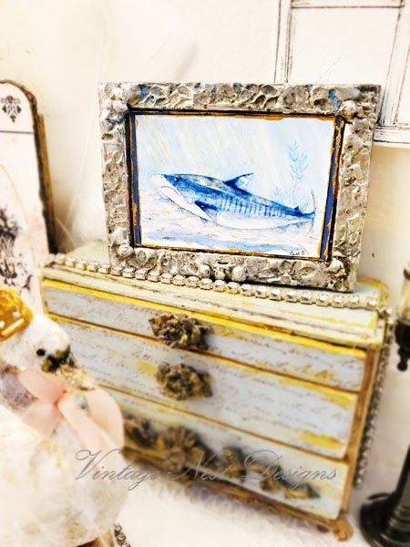 Shark No.1:3 Dollhouse Miniature Handmade Metal Framed Art image 2