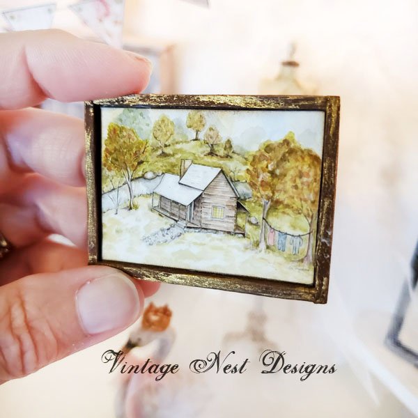 Cabin in the Woods No.1:1 Dollhouse Miniature Handmade Wooden Framed Art image 4