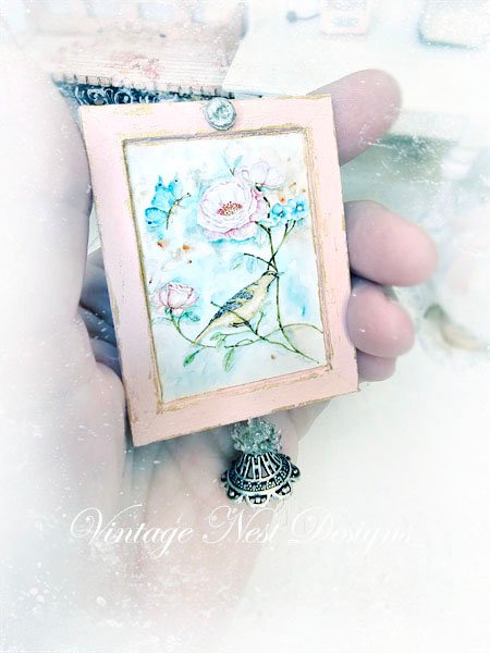 Bird Nest Roses No.5:2 Dollhouse Miniature Handmade Wooden Framed Art image 2