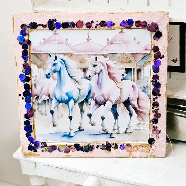 Carousel Horses No.1:1 Dollhouse Miniature Handmade Wooden Framed Art image 6