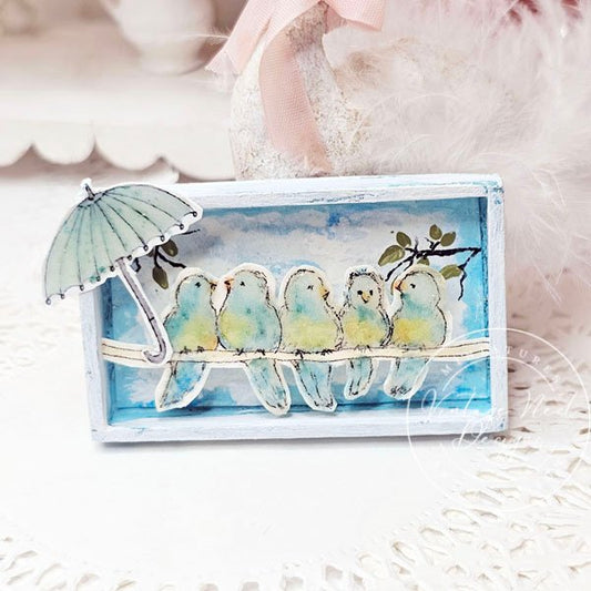 Birds on a Wire No.1:2 Dollhouse Miniature Handmade Wooden Framed Art image 0