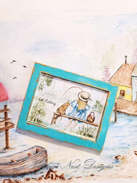 Cat Fishing No.1:3 Dollhouse Miniature Handamade Wooden Framed Art image 4