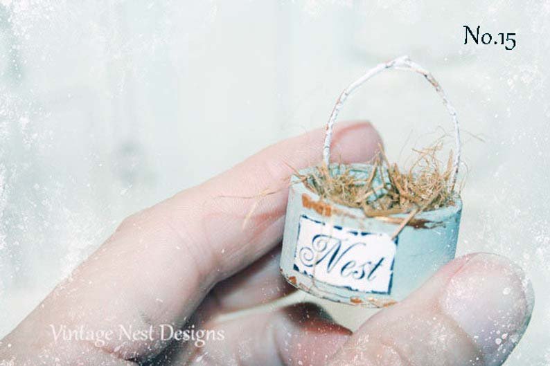 Bird Nest Basket No.15 Dollhouse Miniature Handmade Wooden Framed Art image 2