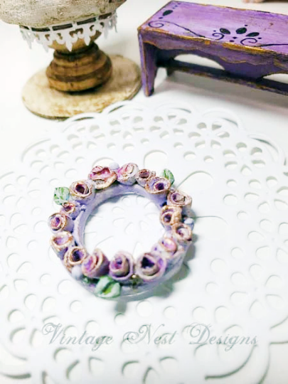 Shabby Lavender Roses Wreath No.1 Dollhouse Miniature Handmade image 0