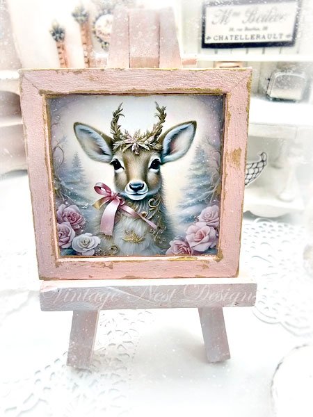 Christmas Doe No.2:1 Dollhouse Miniature Handmade Wooden Framed Art image 1