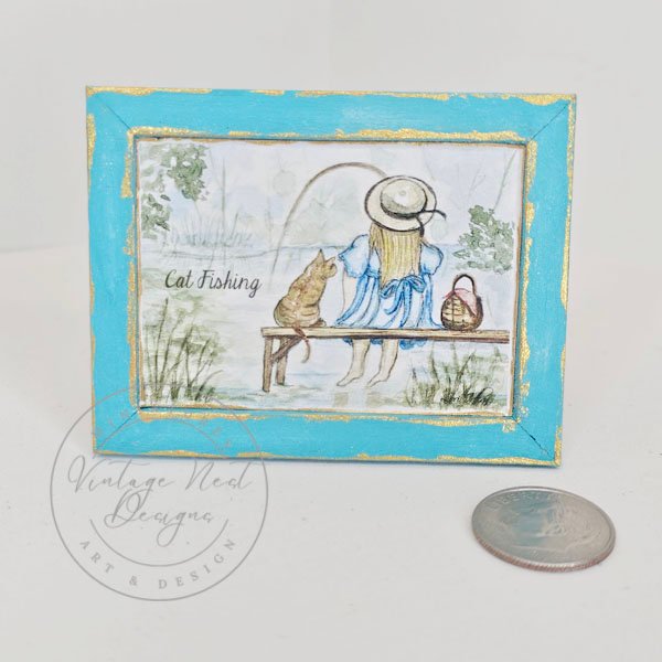 Cat Fishing No.1:3 Dollhouse Miniature Handamade Wooden Framed Art image 1