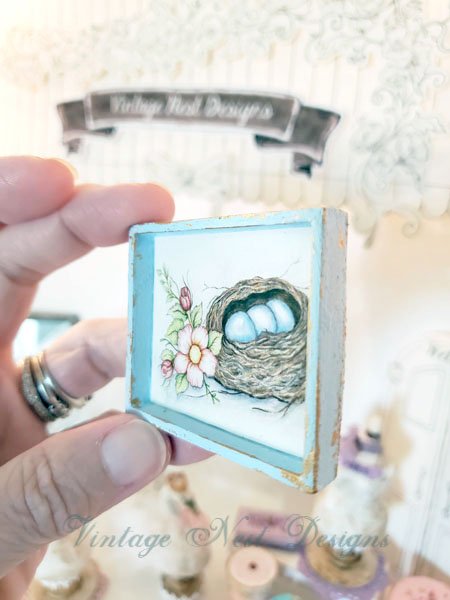 Bird Nest Roses No.2:1 Dollhouse Miniature Handmade Wooden Framed Art image 2