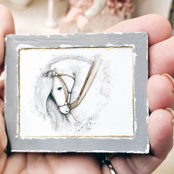 Andalusian Horse No.1:7 Dollhouse Miniature Handmade Wooden Framed Art image 4