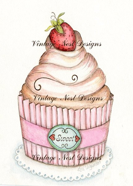 Cupcake No.6:3 Digital Prints Watercolor Painting image 0
