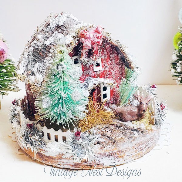 Christmas Putz Glitter Holiday Barn No.3 Handmade Miniature image 0