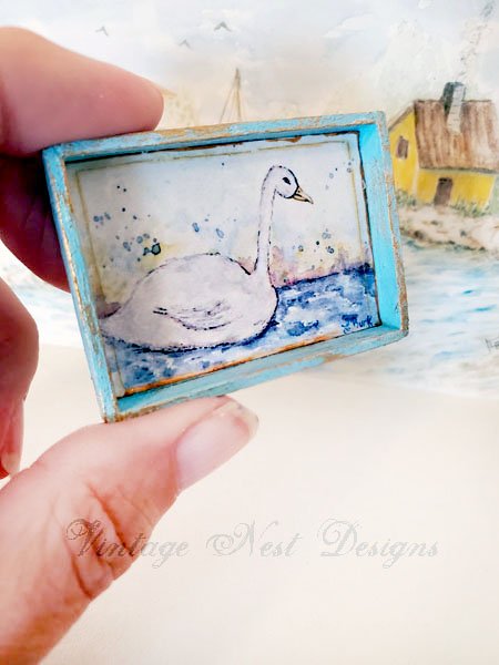 Swan No.2:1 Dollhouse Miniature Handmade Wooden Framed Art image 3