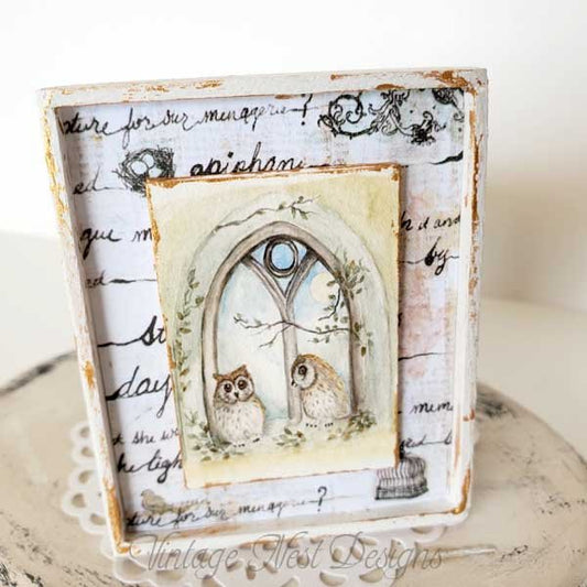 Two Owls in a Window No.2:2 Dollhouse Miniature Handmade Wooden Framed Art image 0
