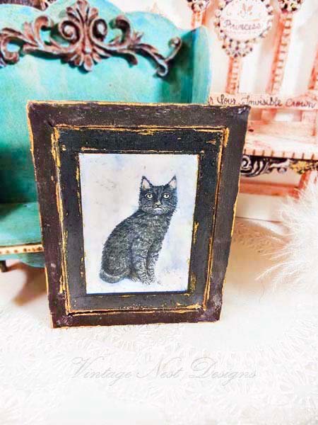 Black Cat No.1:2 Dollhouse Miniature Handmade Wooden Framed Art image 0
