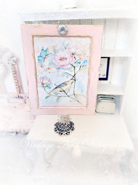 Bird Nest Roses No.5:2 Dollhouse Miniature Handmade Wooden Framed Art image 3