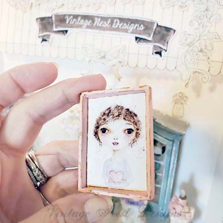Valentine Girl No.3:1 Dollhouse Miniature Handmade Framed Wooden Art image 2