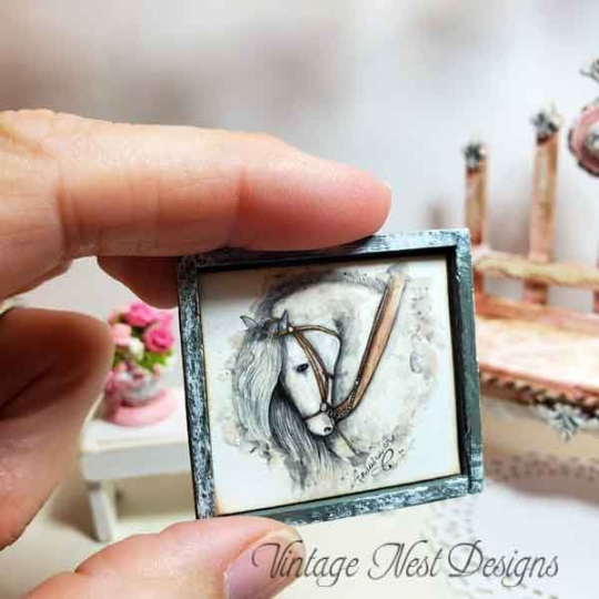 Andalusian Horse No.1:1 Dollhouse Miniature Handmade Wooden Framed Art image 2