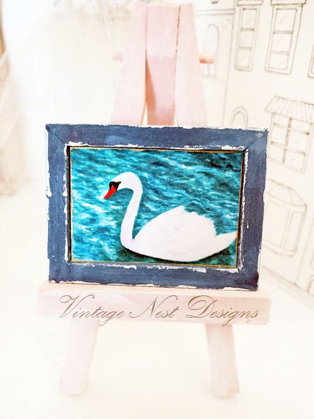 Swan No.3:1 Dollhouse Miniature Handmade Wooden Framed Art image 5