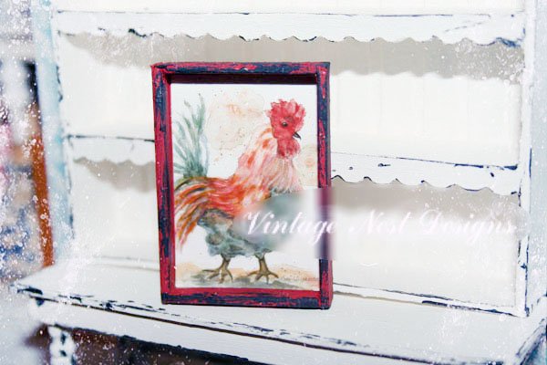 Rooster No.4:1 Dollhouse Miniature Handmade Wooden Framed Art image 0