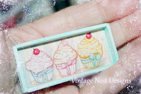 Three Cupcakes No.4:5 Dollhouse Miniature Handmade Wooden Framed Art image 2