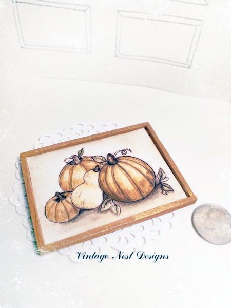 Pumpkins No.3:2 Dollhouse Miniature Handmade Wooden Framed Art image 2