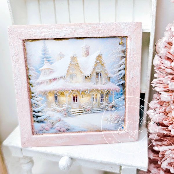 Christmas Cottage No.1:1 Dollhouse Miniature Handmade Wooden Framed Art image 7