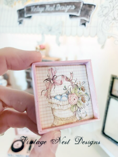 Basket of Flowers No.1:1 Dollhouse Miniature Handmade Wooden Framed Art image 4