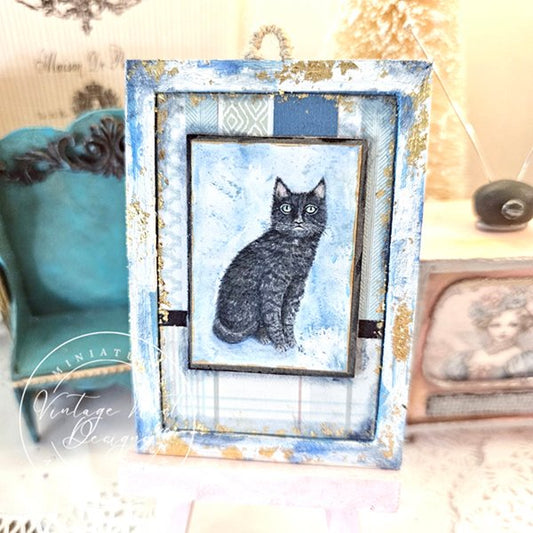 Black Cat No.6:3 Dollhouse Miniature Handmade Wooden Framed Art image 0