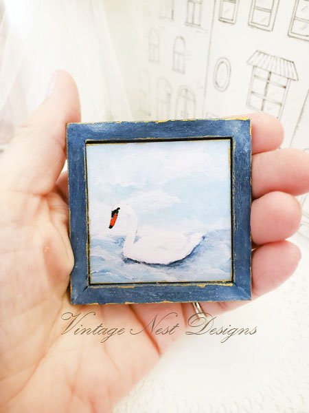 Swan No.1:2 Dollhouse Miniature Handmade Wooden Framed Art image 1