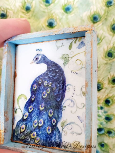 Peacock No.1:2 Dollhouse Miniature Handmade Wooden Framed Art image 2